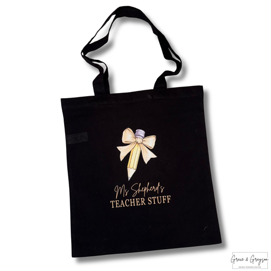 Personalised Teacher Stuff Bow Pencil Canvas Tote Bag