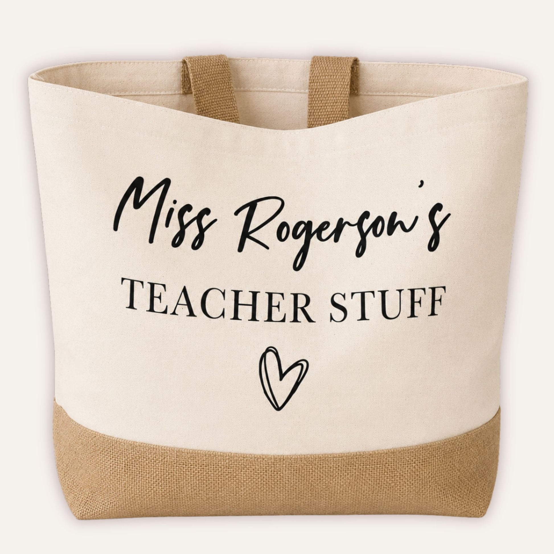 Personalised Teacher Stuff jute bag with custom name printed in script font and heart motif, cream canvas with jute base-Grace & Grayson