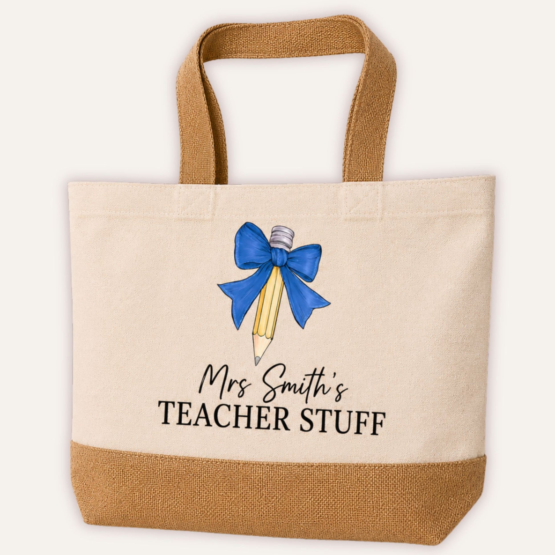 Personalised Teacher Stuff jute tote bag with blue bow and pencil illustration, custom teacher name printed on cream canvas with natural jute base and handles | Grace & Grayson
