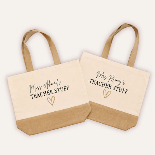 Personalised Teacher Stuff jute tote bag with custom name and gold glitter heart, cream canvas with natural jute base and handles - Grace & Grayson