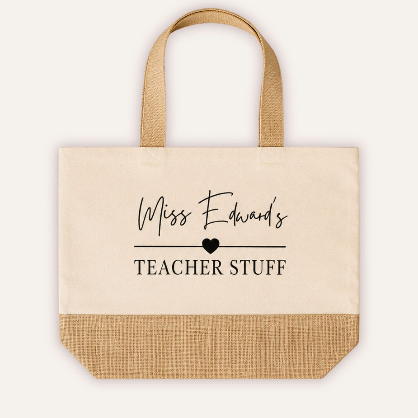 Personalised Teacher Stuff jute tote bag with custom name in script font and bold heart motif, cream canvas with natural jute base and handles - Grace & Grayson
