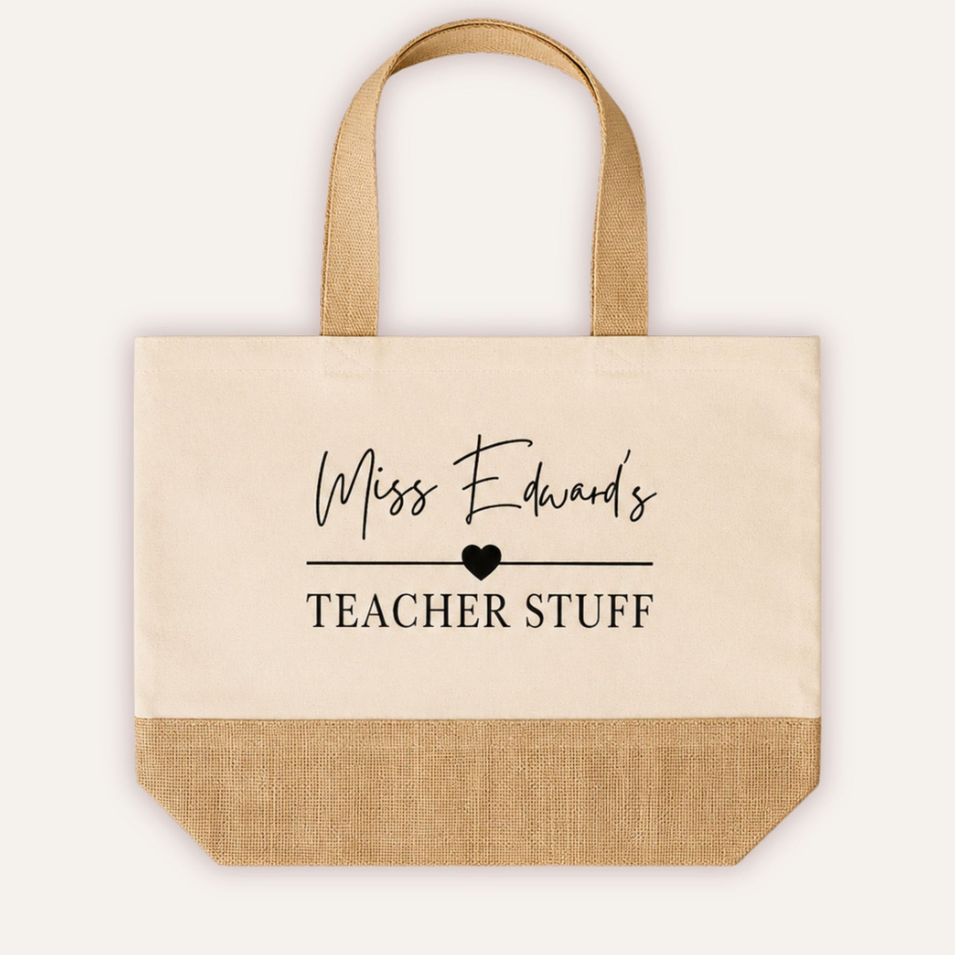 Personalised Teacher Stuff jute tote bag with custom name in script font and bold heart motif, cream canvas with natural jute base and handles - Grace & Grayson