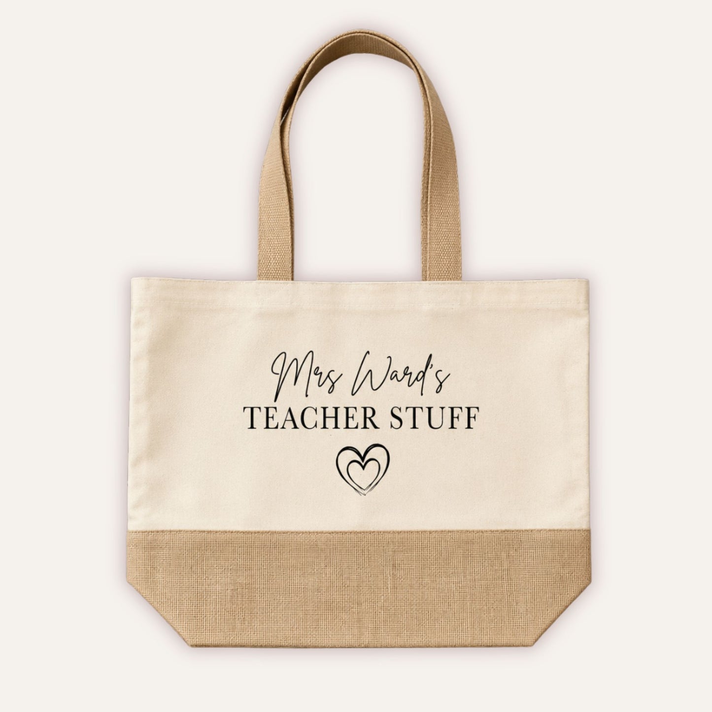 Personalised Teacher Stuff jute tote bag with custom name in script font and double heart motif, cream canvas with natural jute base and handles - Grace & Grayson