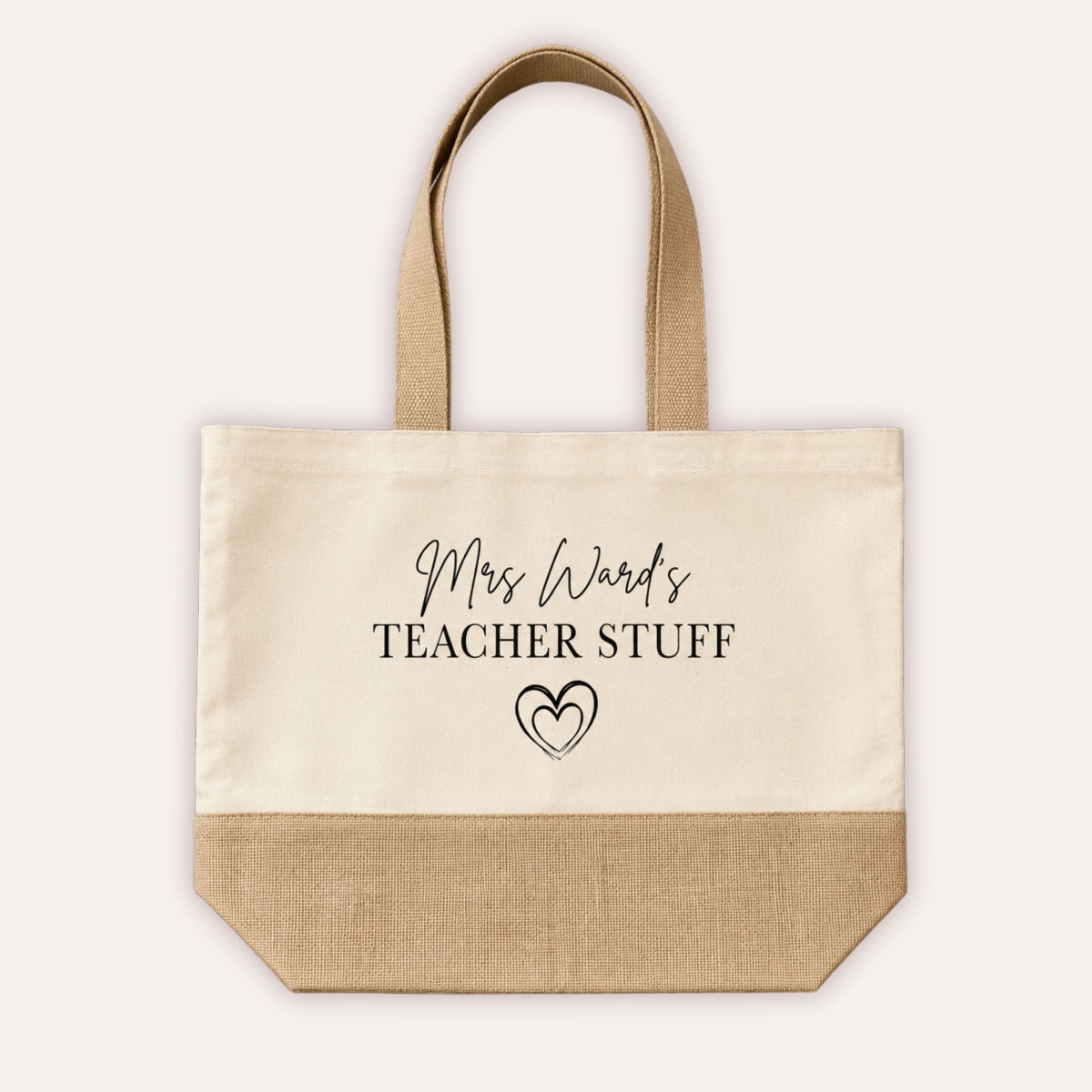 Personalised Teacher Stuff jute tote bag with custom name in script font and double heart motif, cream canvas with natural jute base and handles - Grace & Grayson