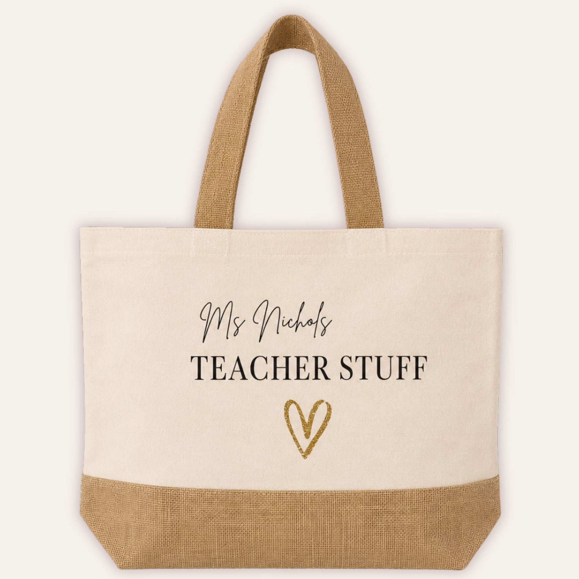 Personalised Teacher Stuff jute tote bag with custom name in script font and gold glitter heart, cream canvas with natural jute base and handles - Grace & Grayson