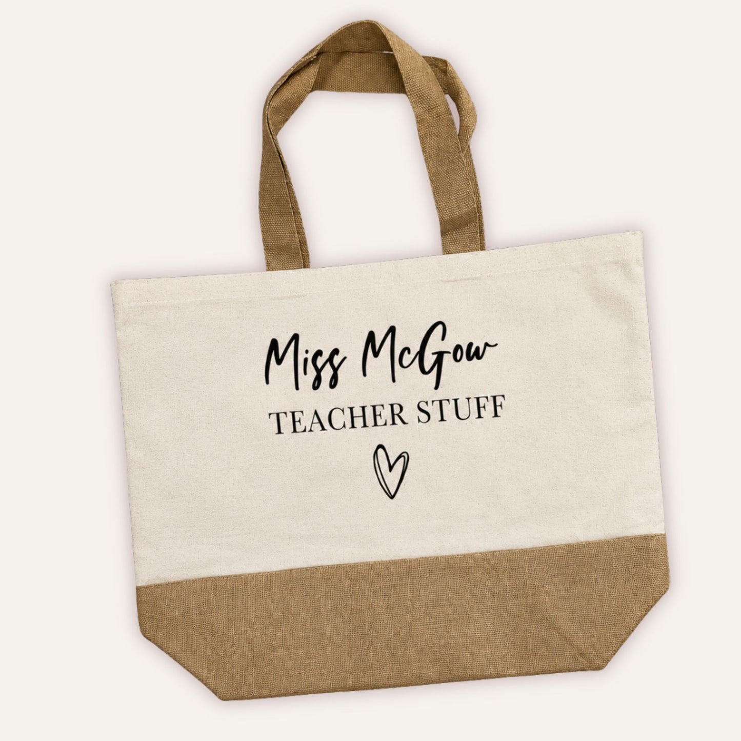 Personalised Teacher Stuff jute tote bag with custom name in script font and heart design, large cream canvas bag with jute trim-race & Grayson