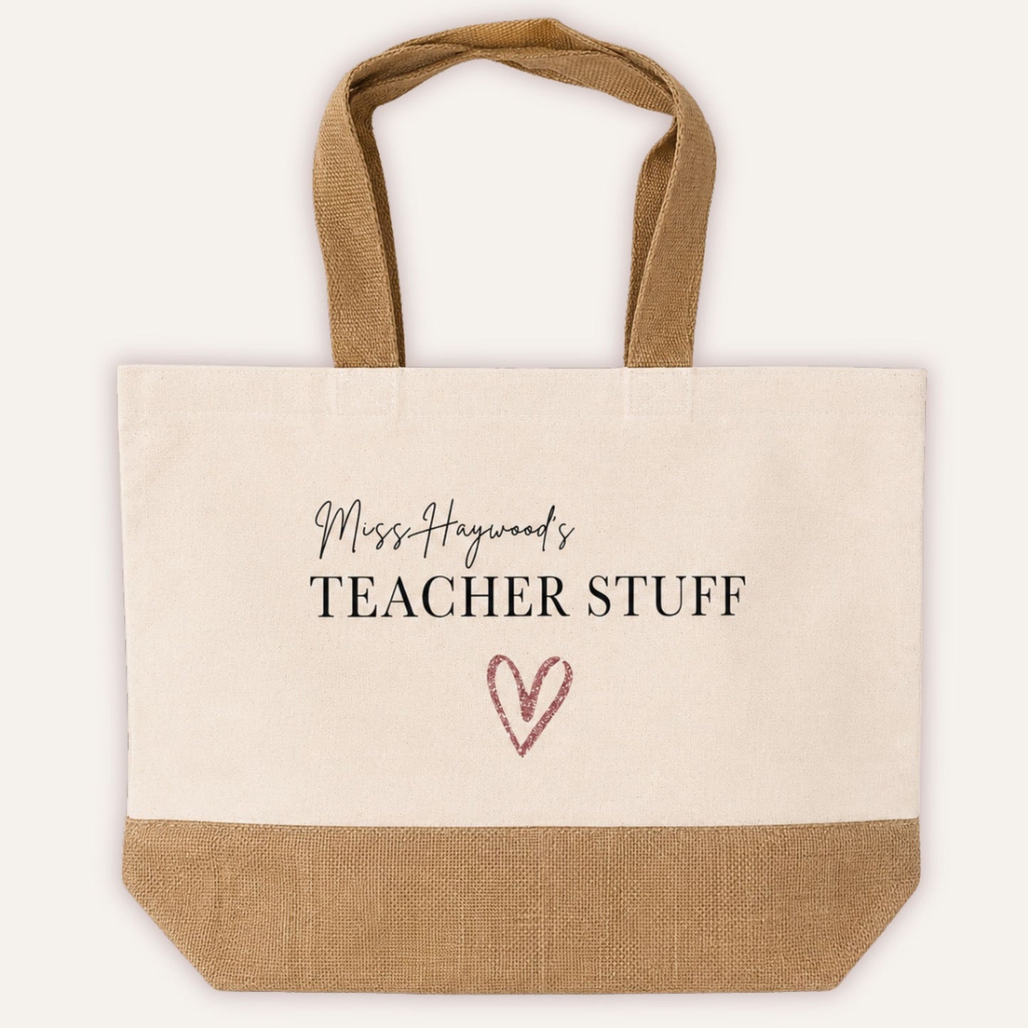 Personalised Teacher Stuff jute tote bag with custom name in script font and rose pink glitter heart, cream canvas with natural jute base and handles - Grace & Grayson