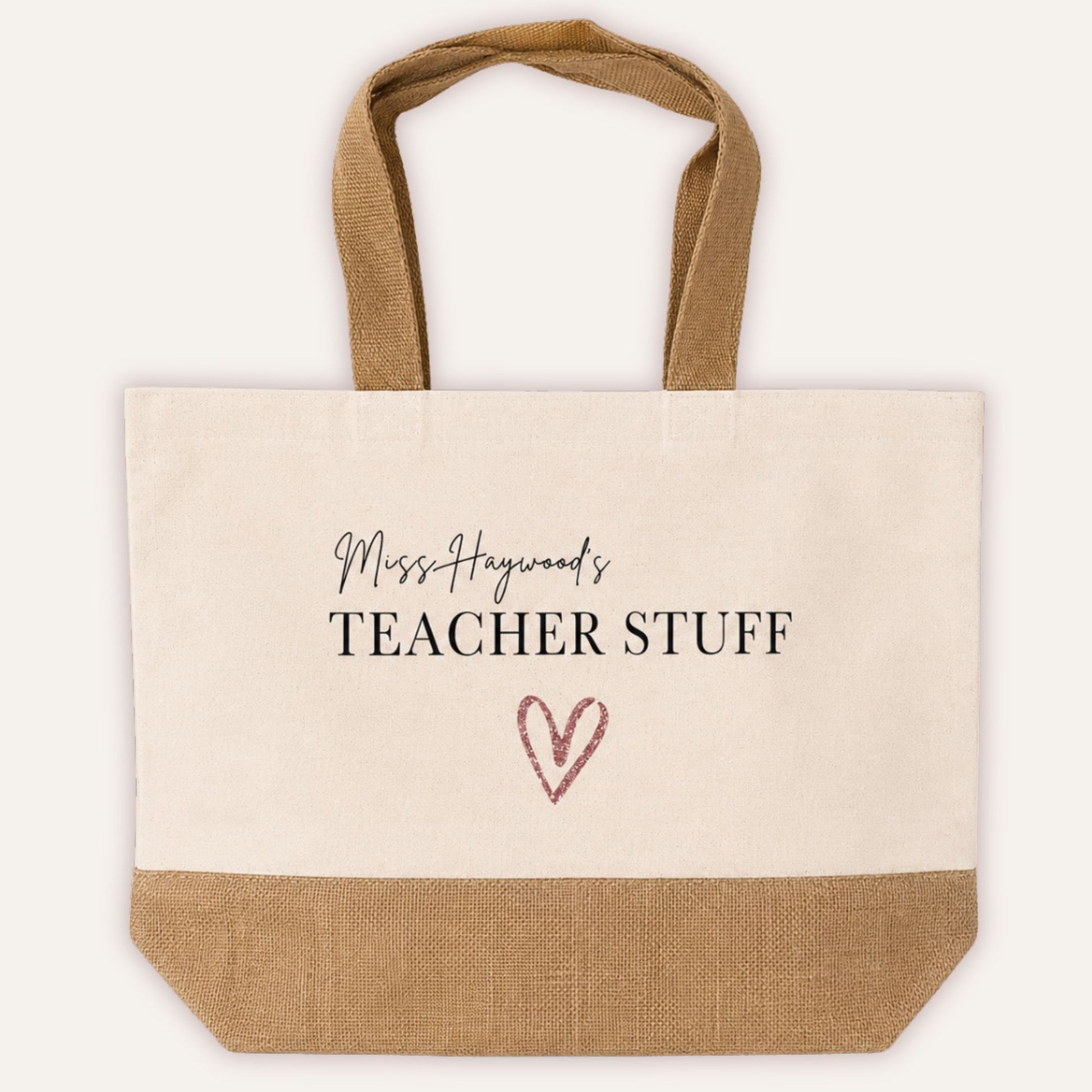 Personalised Teacher Stuff jute tote bag with custom name in script font and rose pink glitter heart, cream canvas with natural jute base and handles - Grace & Grayson