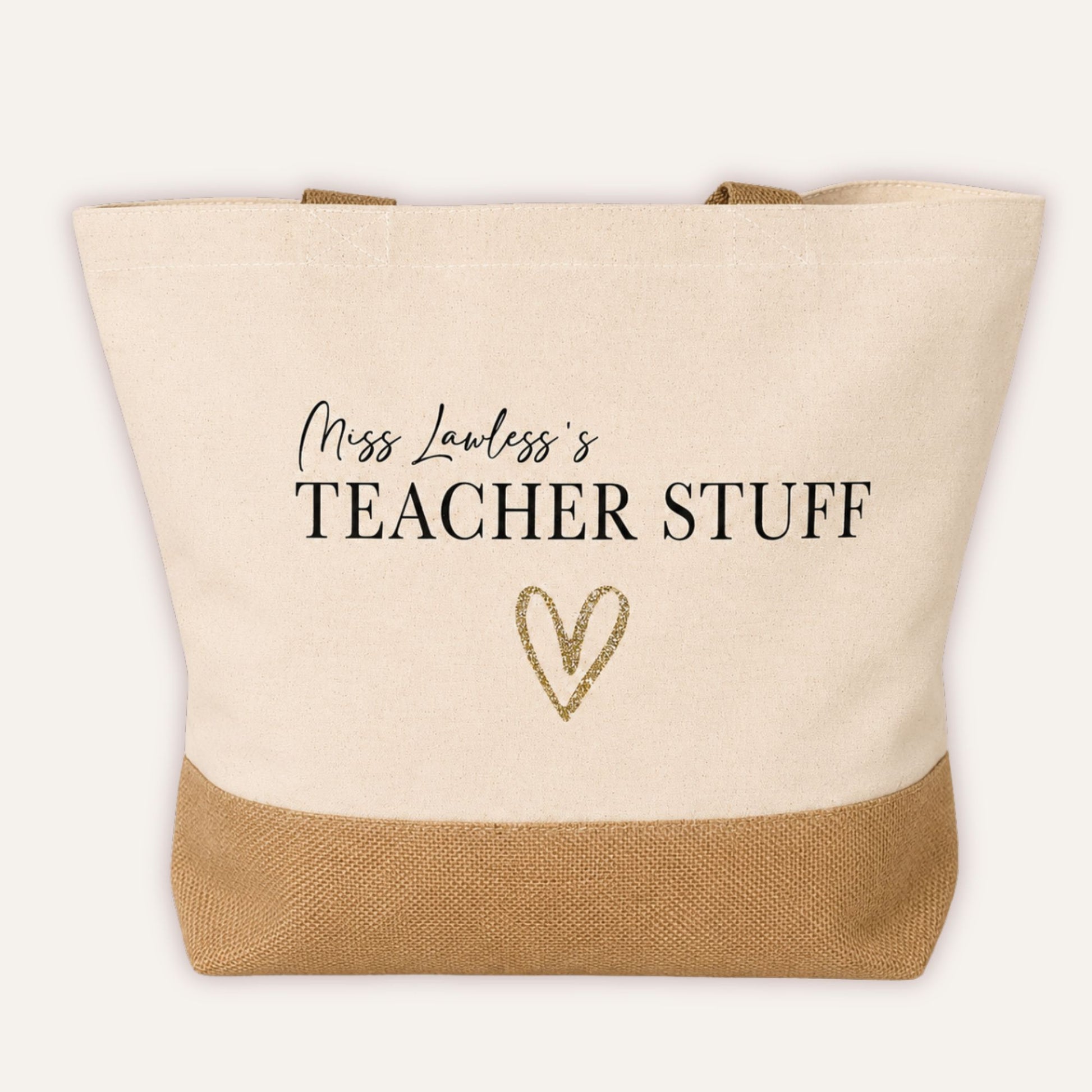Personalised Teacher Stuff jute tote bag with custom teacher name and champagne glitter heart motif, large cream canvas bag with jute base panel