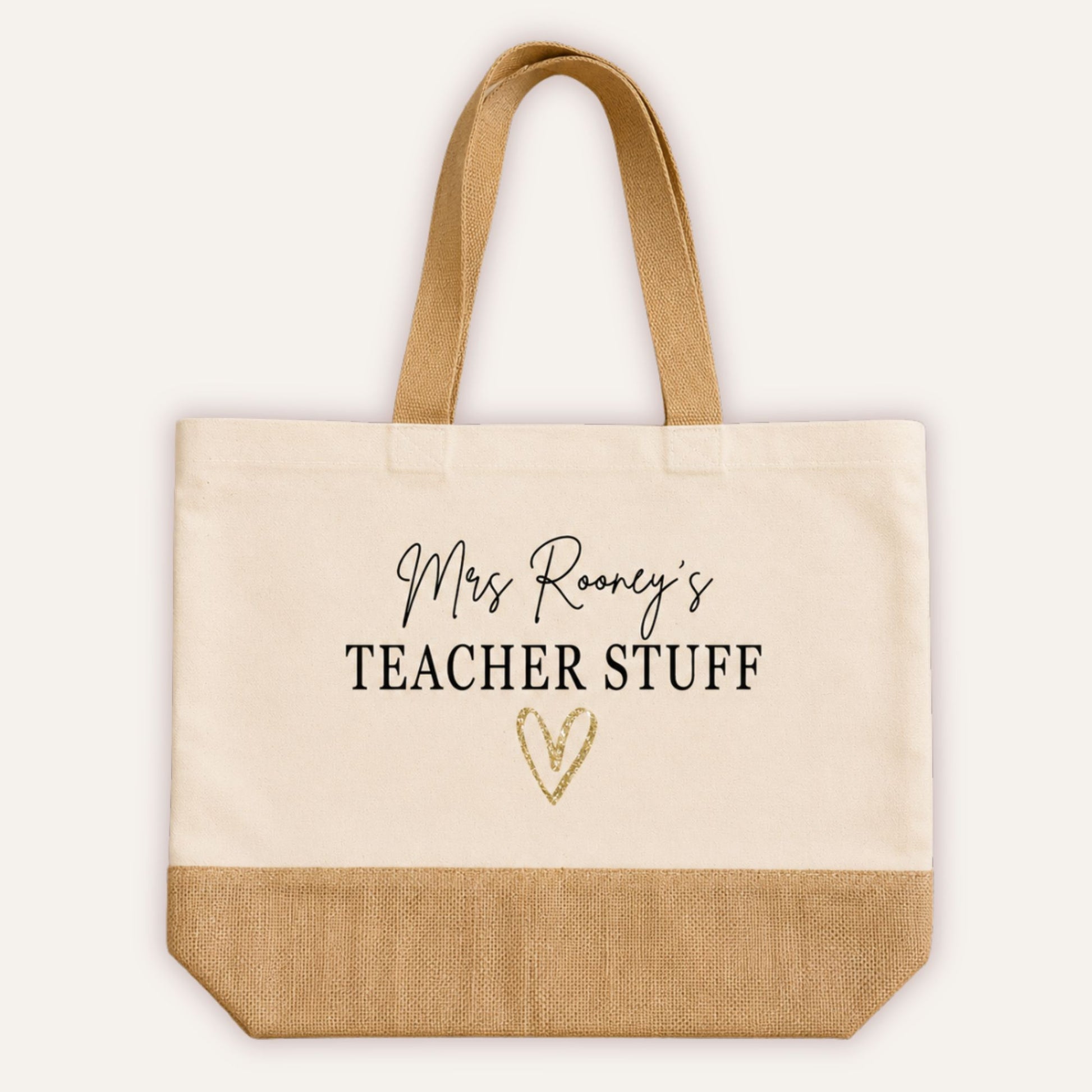 Personalised Teacher Stuff jute tote bag with custom teacher name and glitter heart, large cream canvas bag with jute base panel - Grace & Grayson