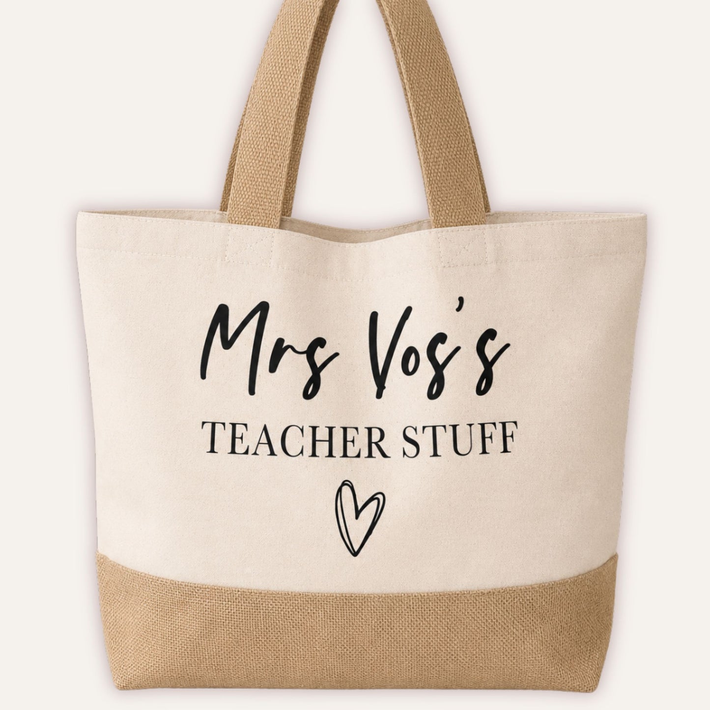 Personalised Teacher Stuff jute tote bag with custom teacher name in script and heart motif, cream canvas with jute base panel-Grace & Grayson