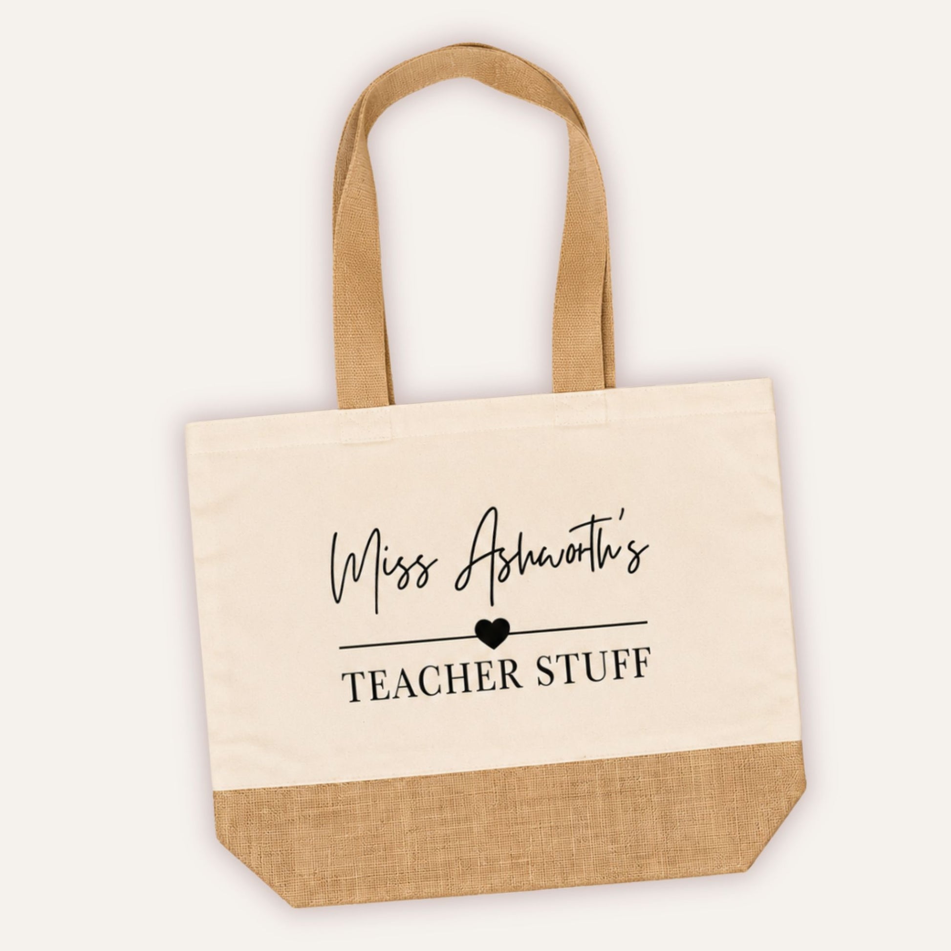 Personalised Teacher Stuff jute tote bag with custom teacher name in script font and bold heart design, large cream canvas bag with jute base panel - Grace & Grayson