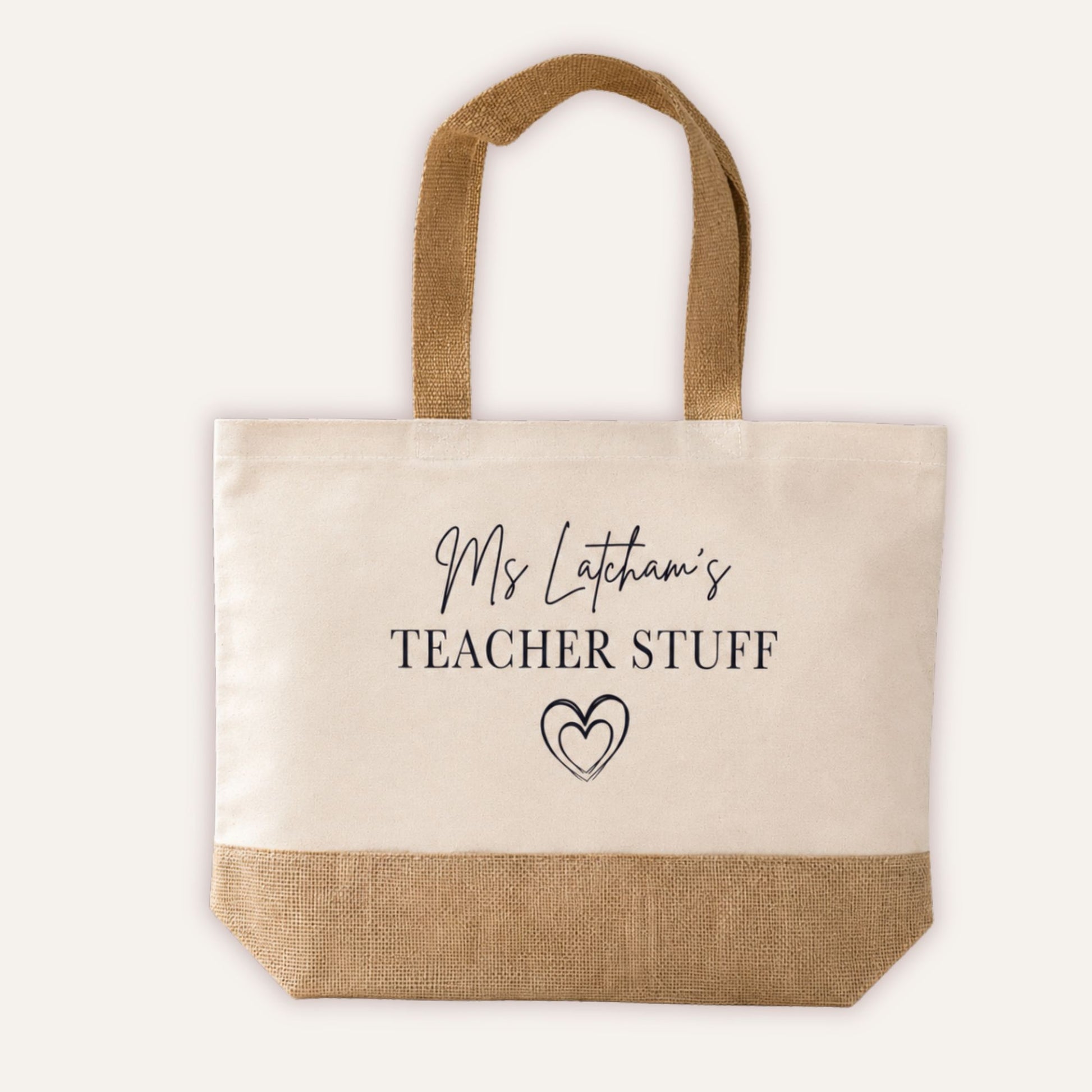 Personalised Teacher Stuff jute tote bag with custom teacher name in script font and double heart design, large cream canvas bag with jute base panel - Grace & Grayson