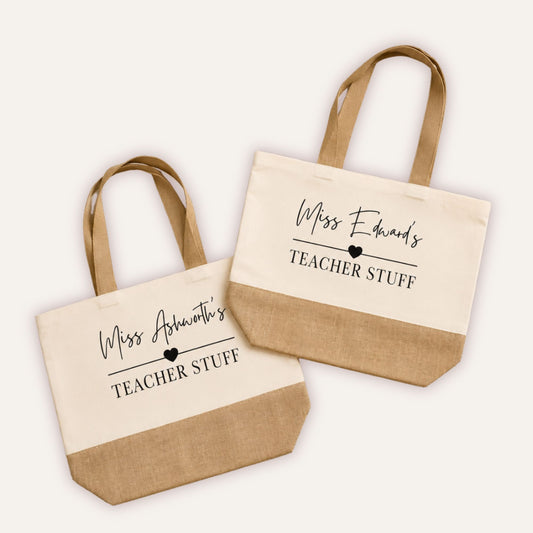 Personalised Teacher Stuff jute tote bags with custom names in script font and bold heart motif, cream canvas with natural jute base and handles - Grace & Grayson