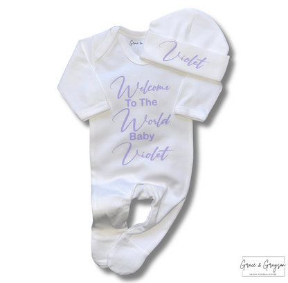 Personalised Welcome To The World Baby Grow Set