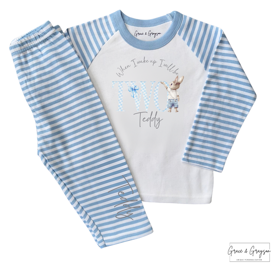 Personalised Blue Gingham When I Wake Up Birthday Bunny Pyjamas