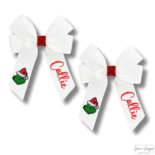 Personalised White And Red Glitter Grinch Hair Bows