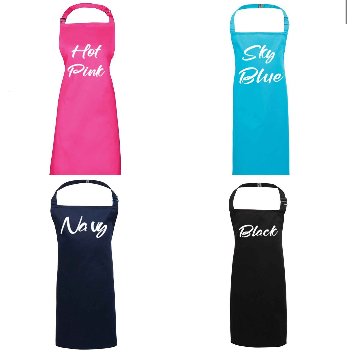 Personalised adult apron colour options in hot pink, sky blue, navy and black, Grace & Grayson
