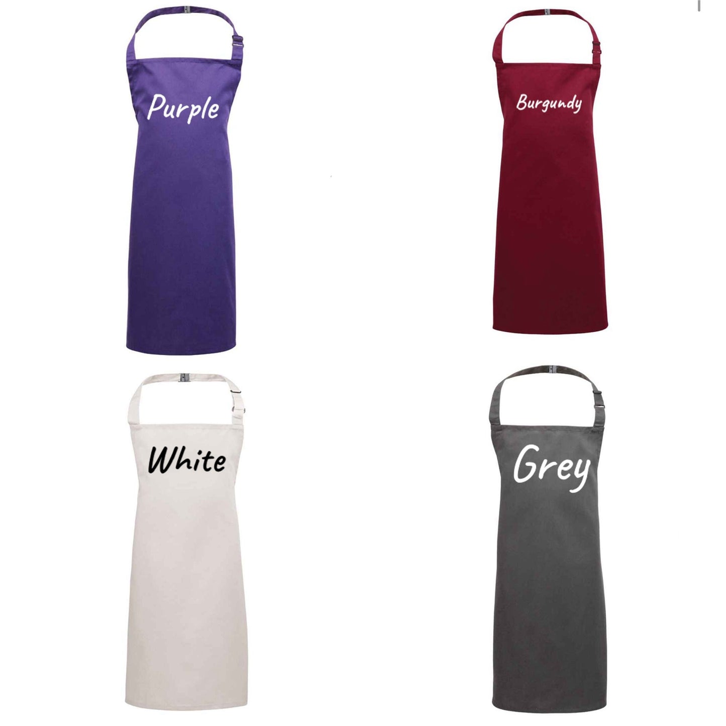 Personalised adult apron colour options in purple, burgundy, white and grey, Grace & Grayson