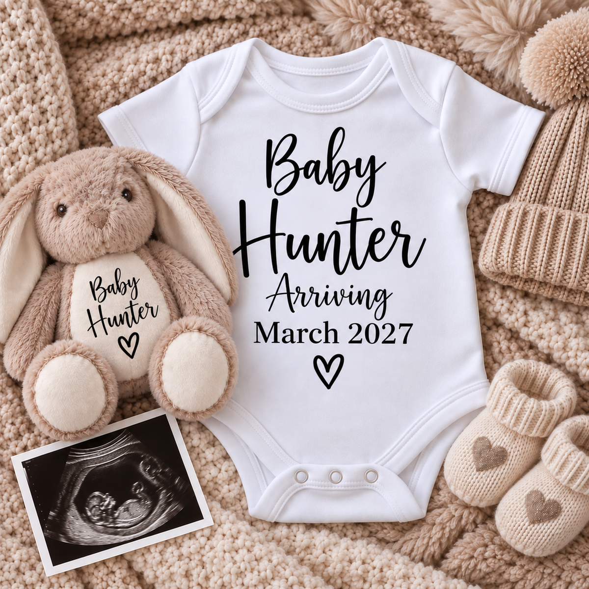 Personalised baby announcement vest for sharing the arrival of a new baby, Grace & Grayson.
