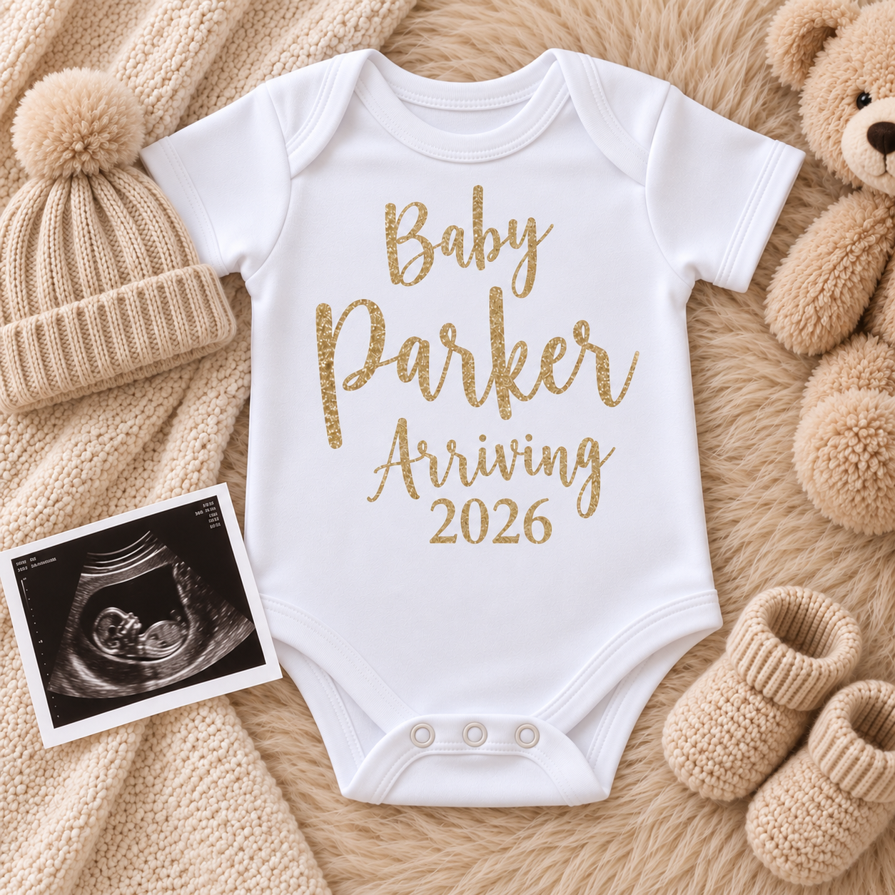 Personalised baby arrival announcement vest, designed as a keepsake for new parents, Grace & Grayson.
