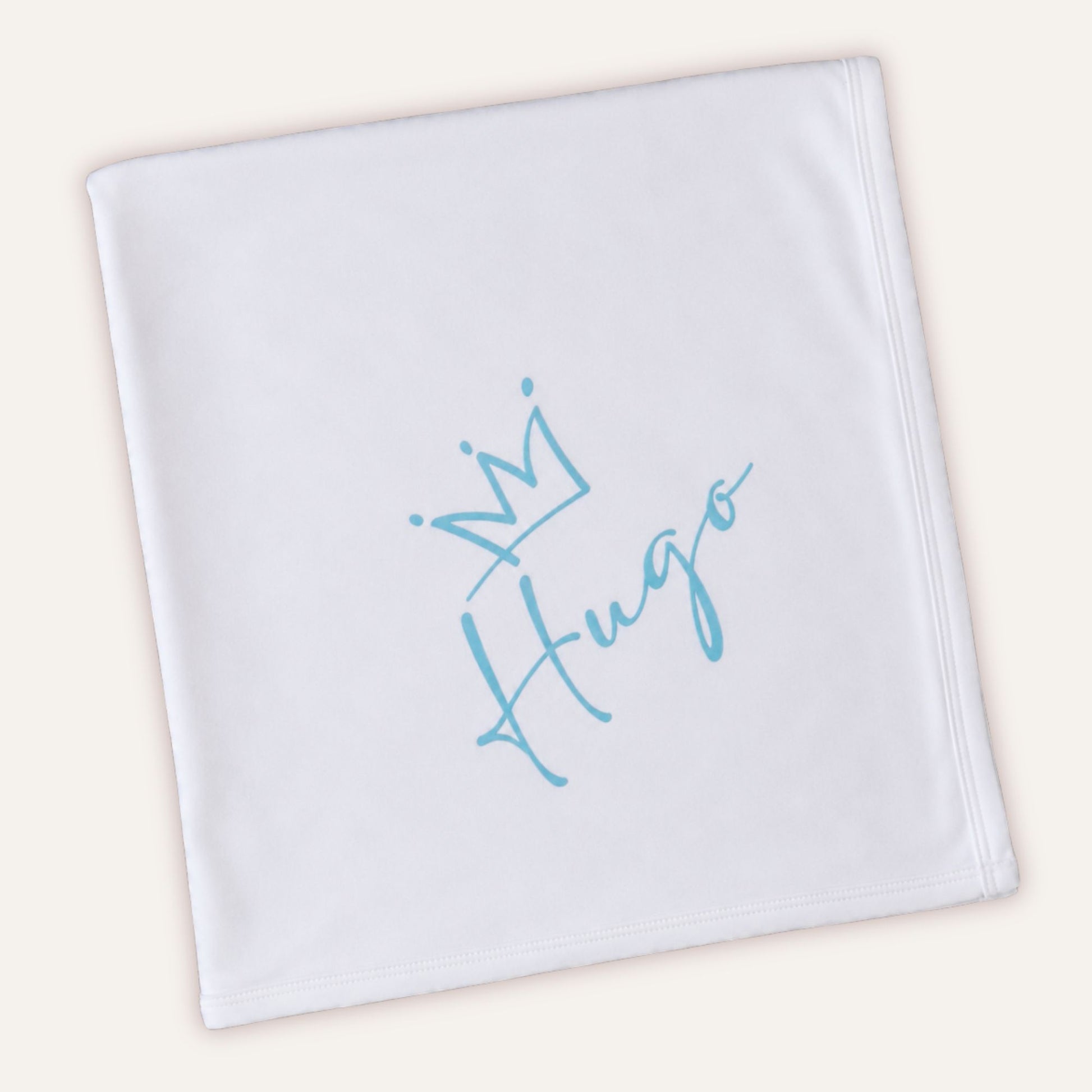 Personalised baby boy blanket with blue custom name print by Grace & Grayson