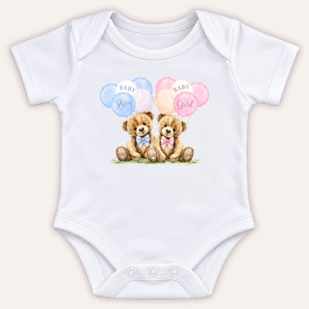Personalised bear baby vest for a baby boy or baby girl announcement, Grace & Grayson.