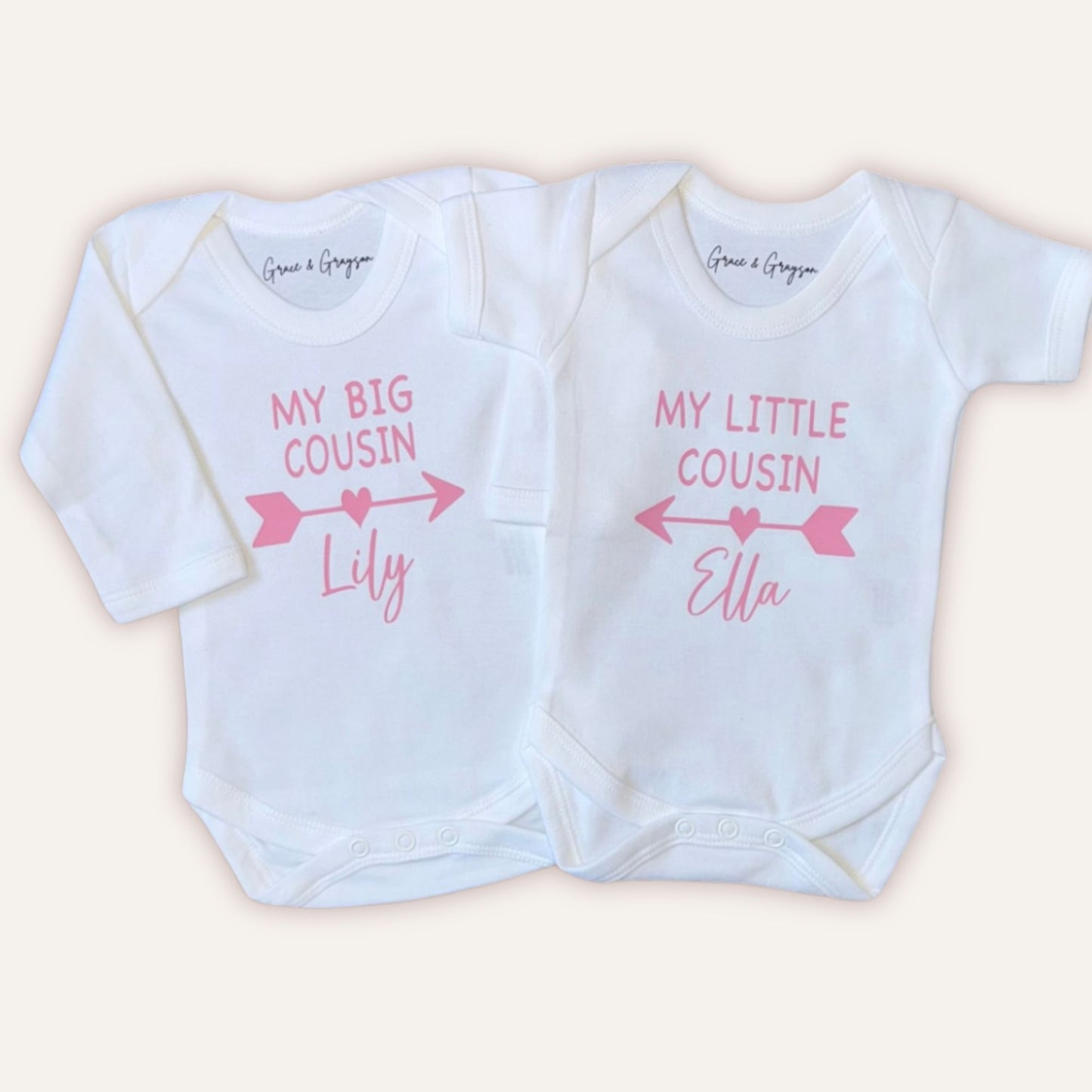Personalised big cousin and little cousin matching vests for babies – Grace & Grayson