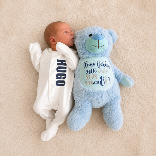 Personalised birth teddy bear gift for newborn baby – Grace & Grayson