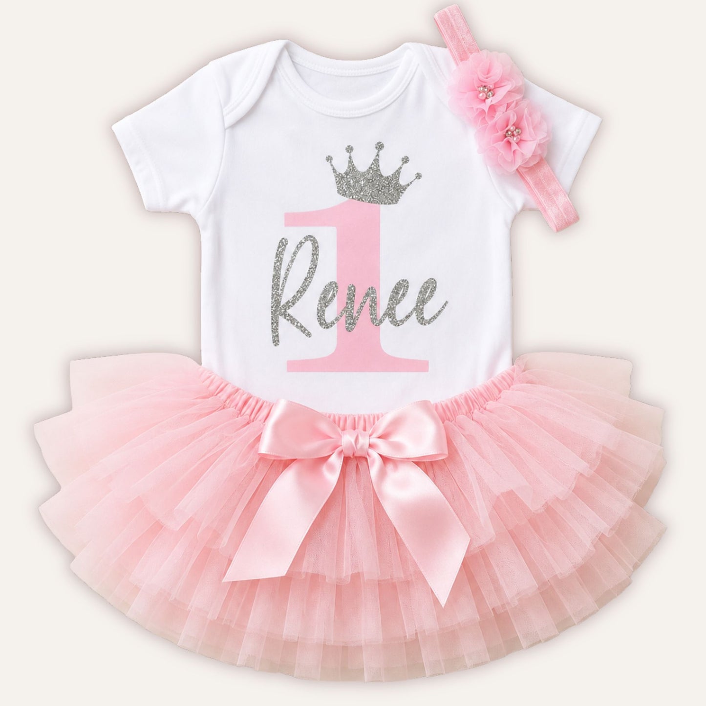 Personalised birthday tutu set with baby pink number 1, silver glitter crown vest, pink tutu skirt and matching headband - Grace & Grayson