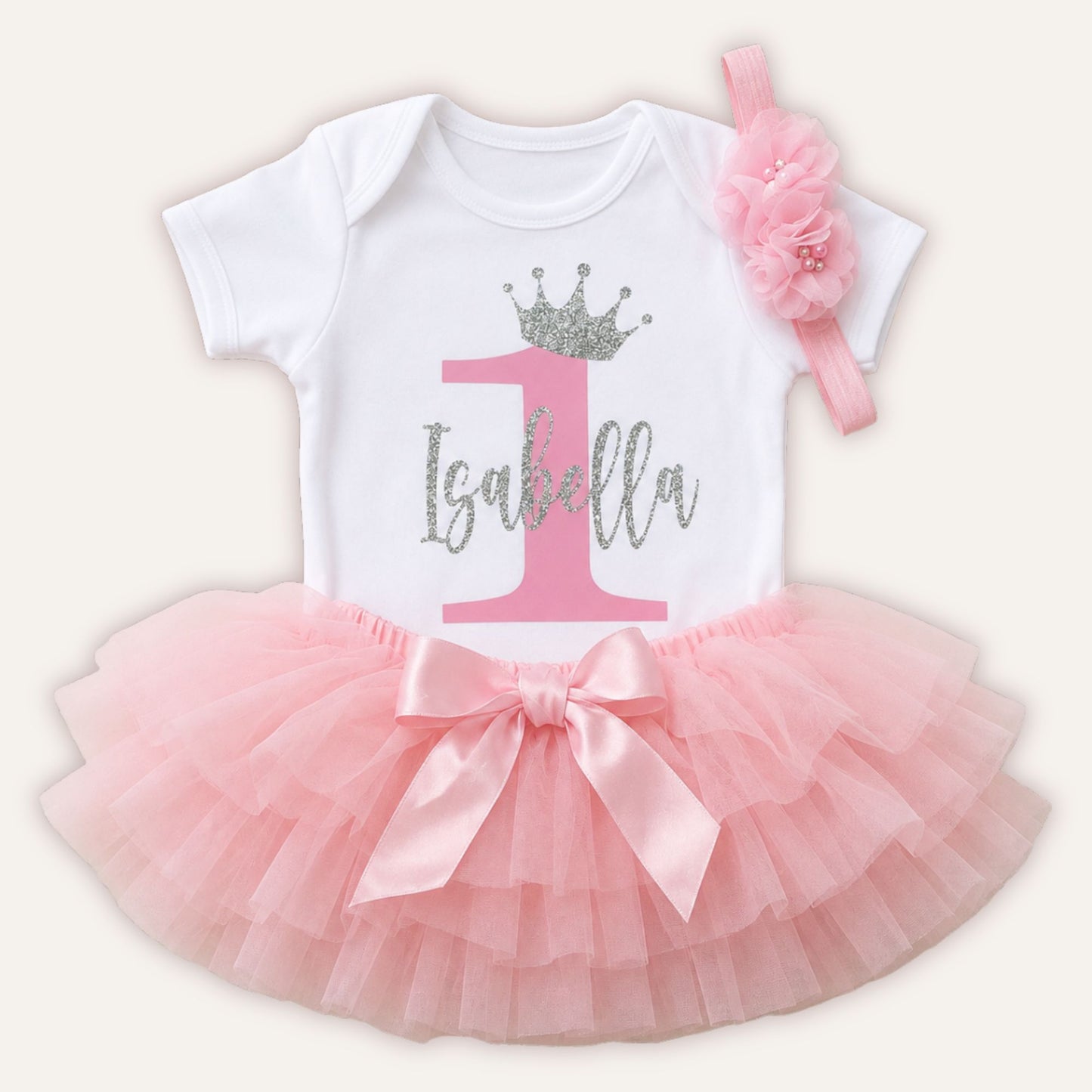Personalised birthday tutu set with pink number 1, silver glitter crown and name on white vest, pink tutu skirt and headband - Grace & Grayson