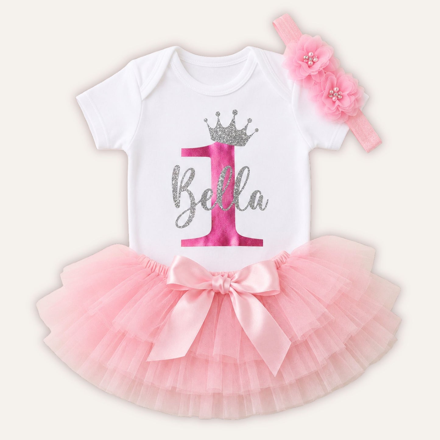 Personalised birthday tutu set with pink pearl number 1, silver glitter crown vest, pink tutu skirt and pink flower headband - Grace & Grayson