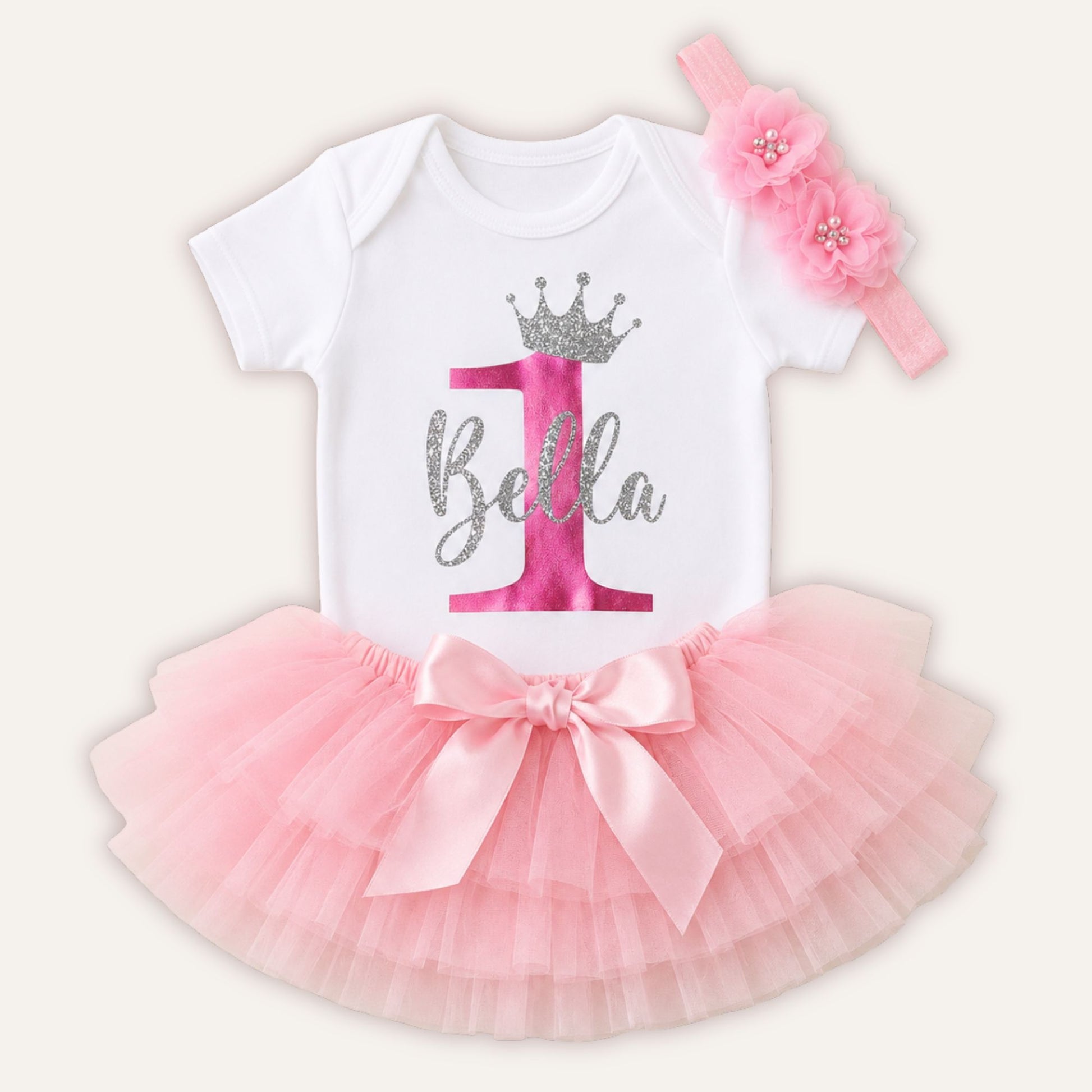 Personalised birthday tutu set with pink pearl number 1, silver glitter crown vest, pink tutu skirt and pink flower headband - Grace & Grayson