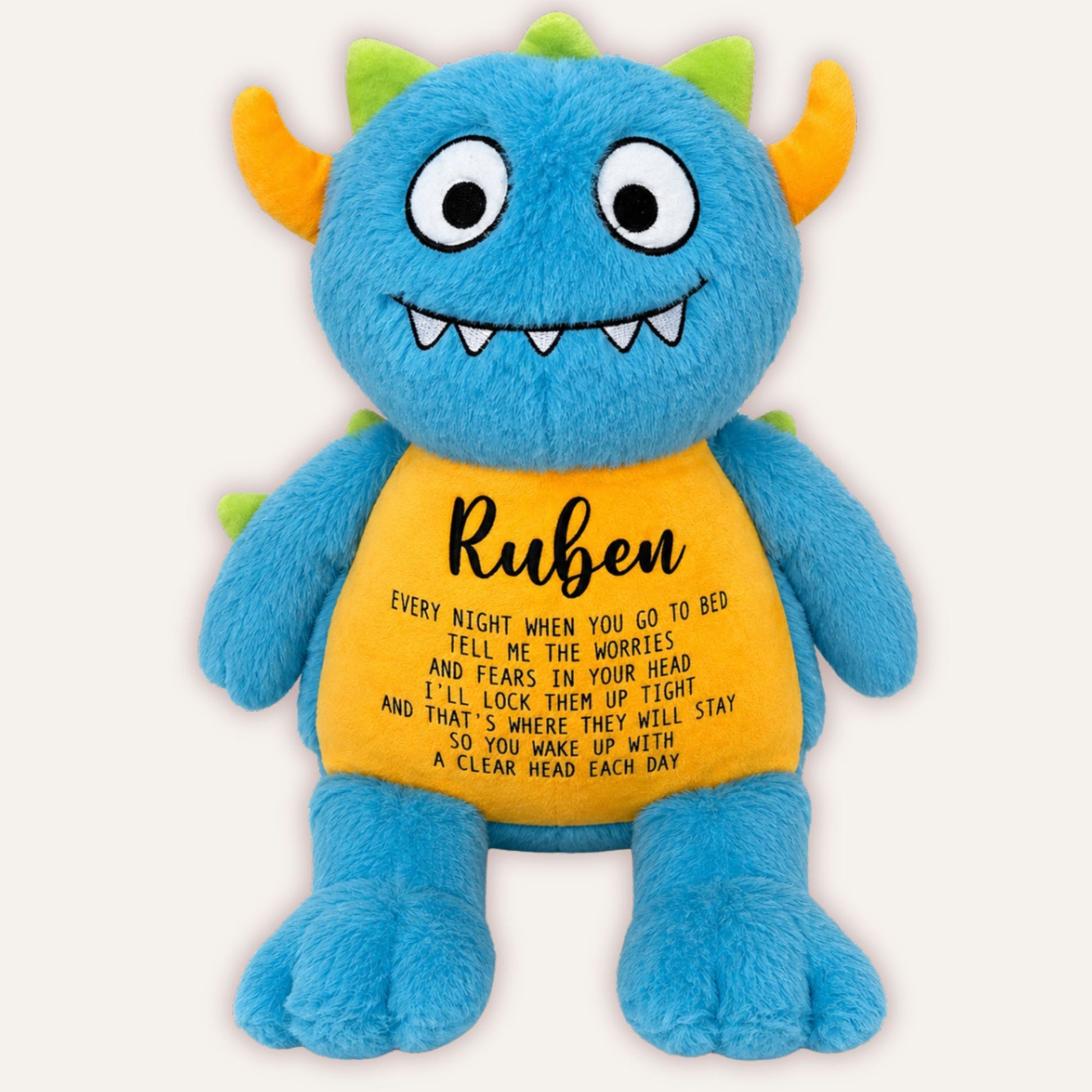 Personalised blue worry monster teddy with custom name - Grace & Grayson
