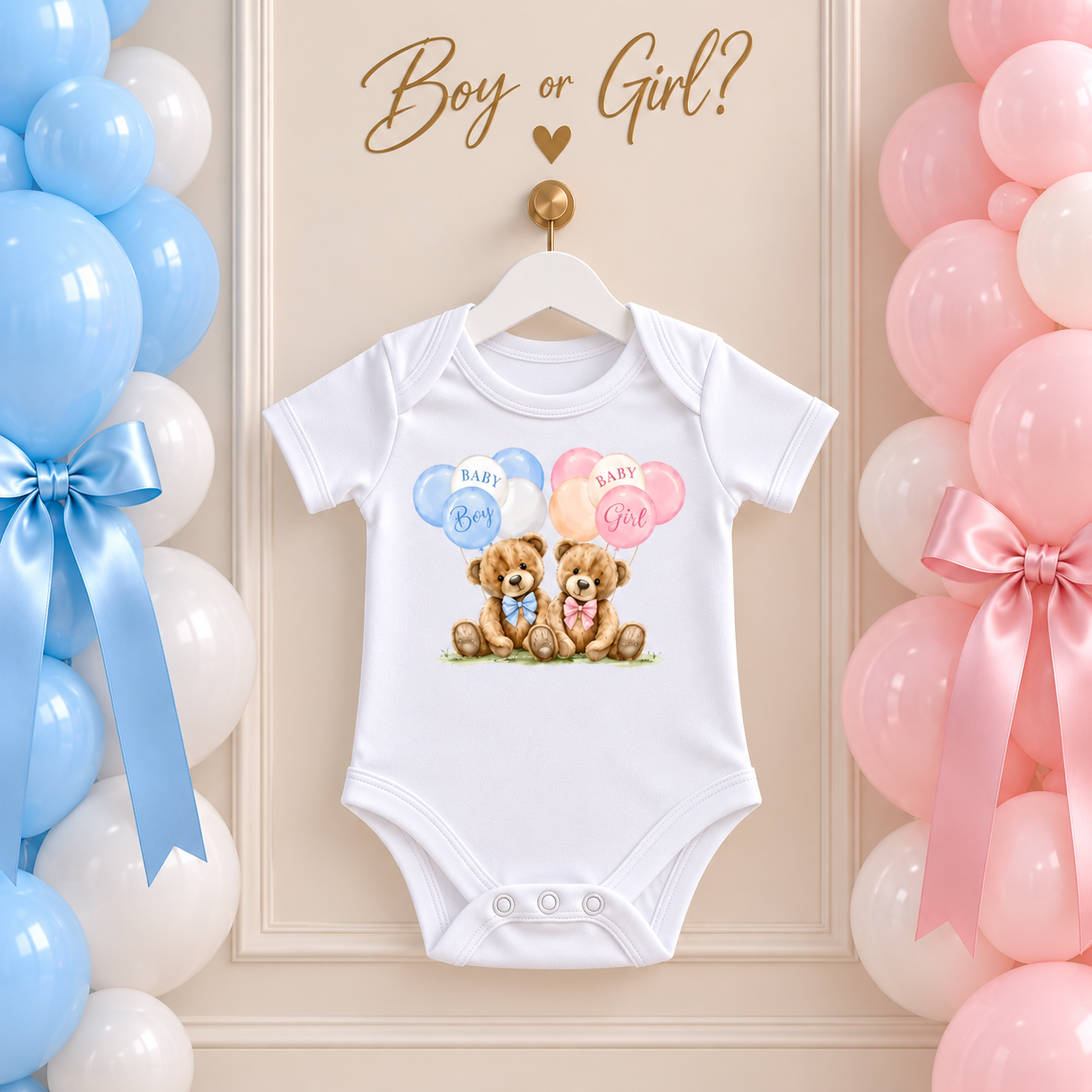 Personalised boy or girl bear baby vest for a pregnancy announcement or gender reveal, Grace & Grayson.