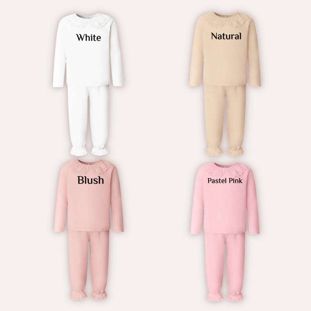 Personalised broderie frill pyjama colour options in white, natural, blush and pastel pink, Grace & Grayson