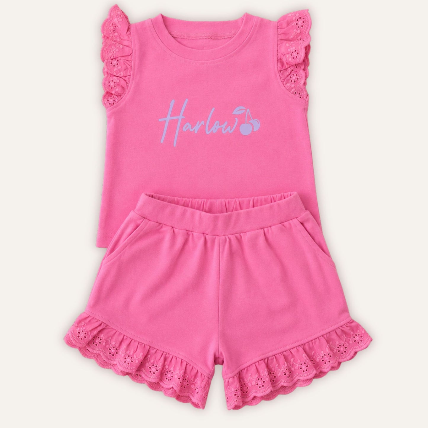 Personalised cherry broderie frill summer set in turquoise – Grace & Grayson