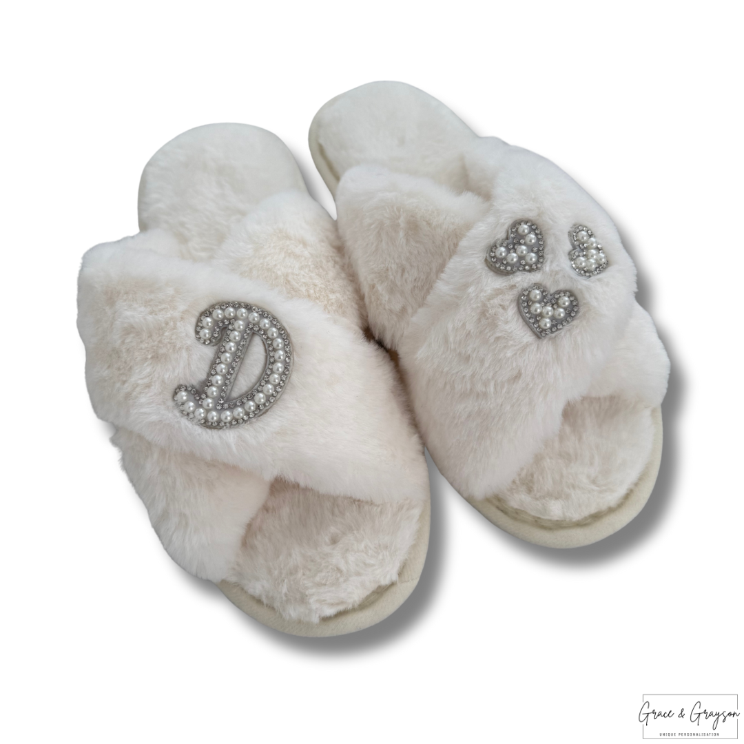  "Personalised faux fur slippers with pearl initial and heart detail in multiple colours"