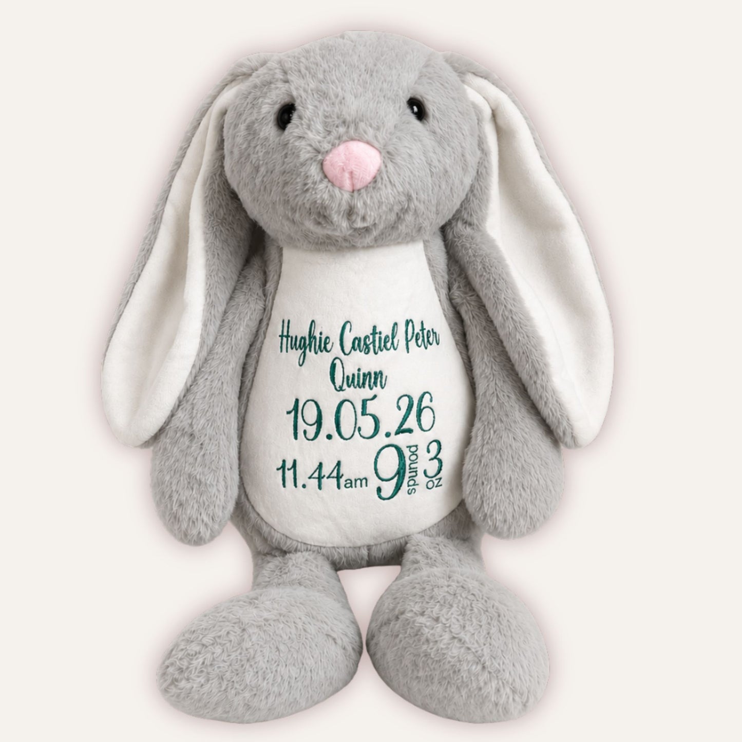 Personalised grey bunny keepsake with baby birth details by Grace & Grayson