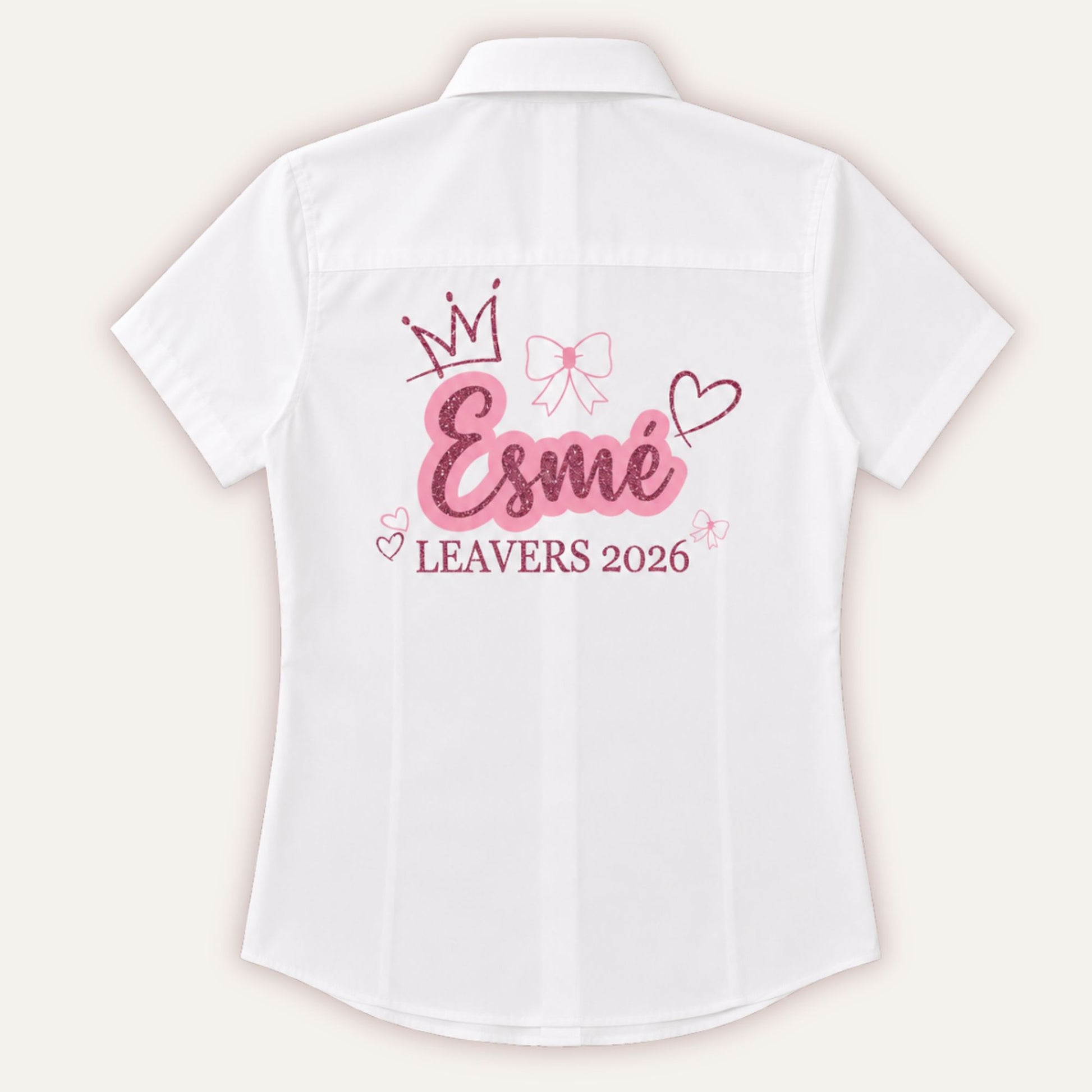 Personalised leavers pink glitter crown, bows and hearts shirt for school leavers 2026 with custom name and year