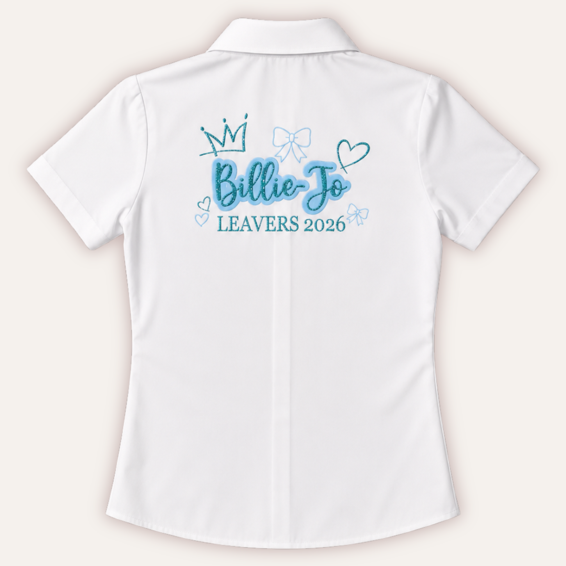 Personalised leavers glitter crown, bows and hearts shirt for school leavers 2026 with custom name and year