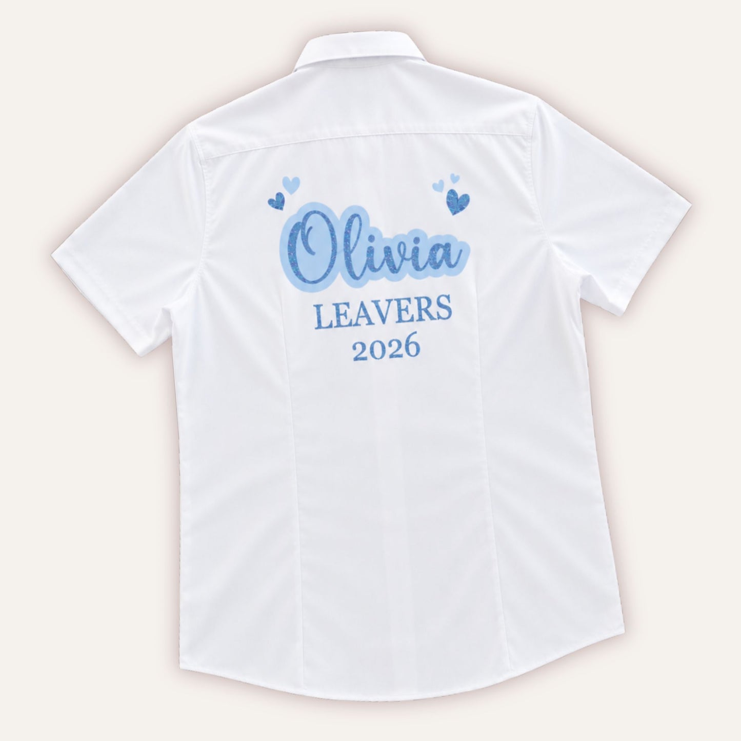 Personalised leavers glitter hearts shirt in blue with custom name and year - Grace & Grayson