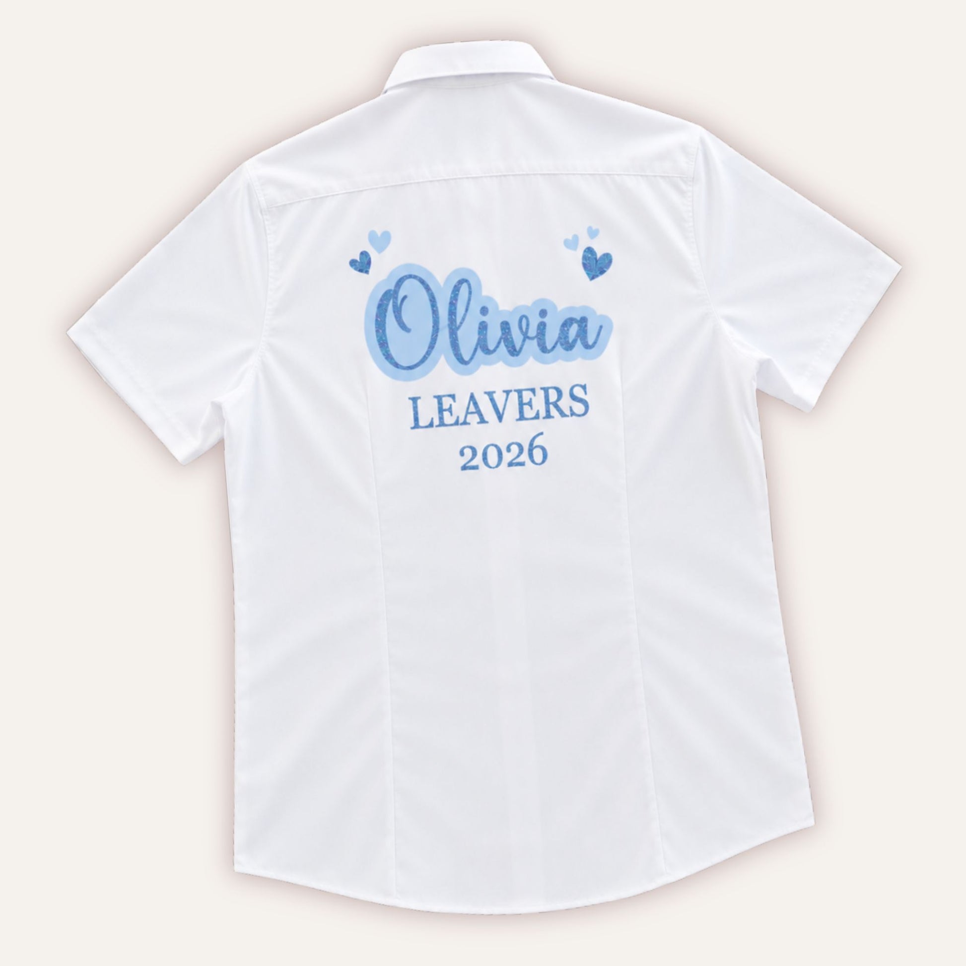 Personalised leavers glitter hearts shirt in blue with custom name and year - Grace & Grayson