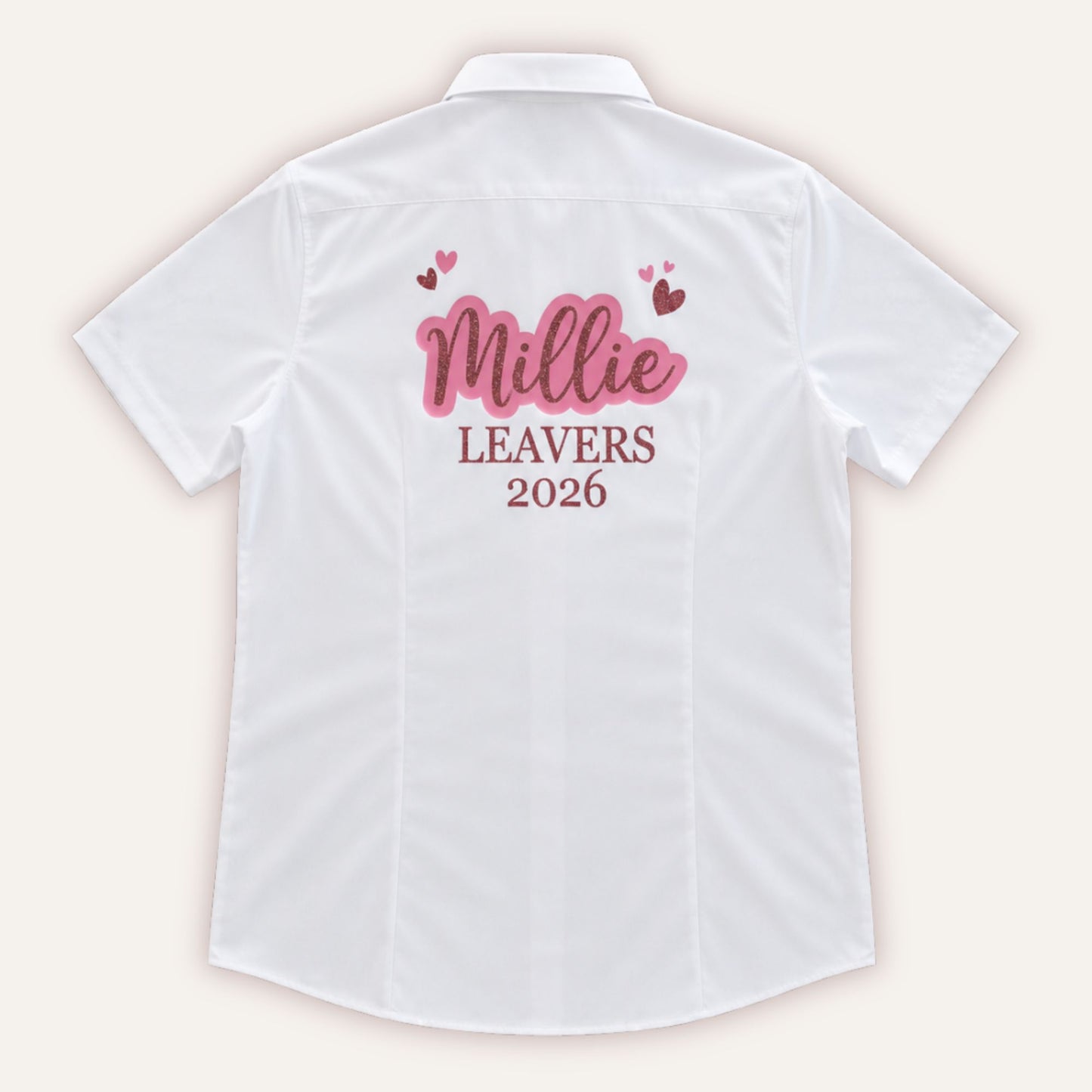 Personalised leavers glitter hearts shirt in pink with custom name and year - Grace & Grayson