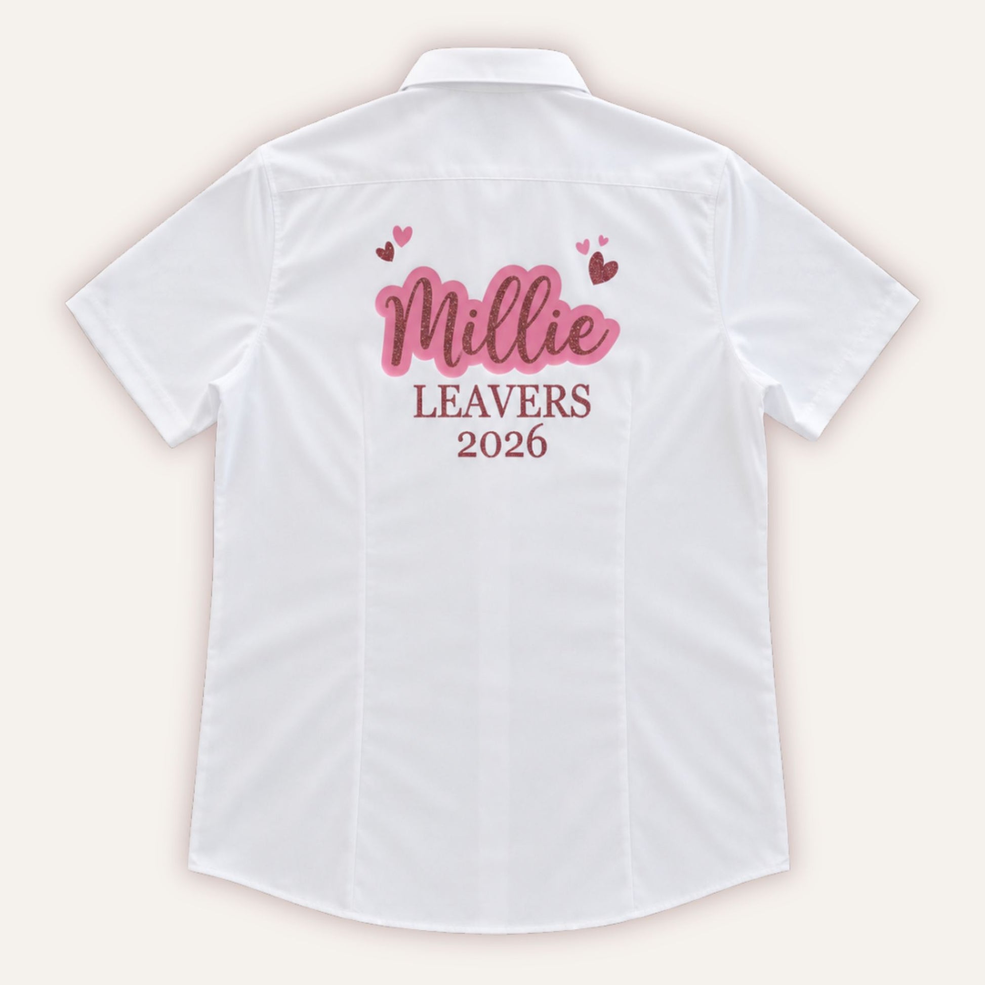 Personalised leavers glitter hearts shirt in pink with custom name and year - Grace & Grayson