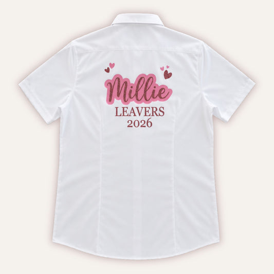 Personalised leavers glitter hearts shirt in pink with custom name and year - Grace & Grayson