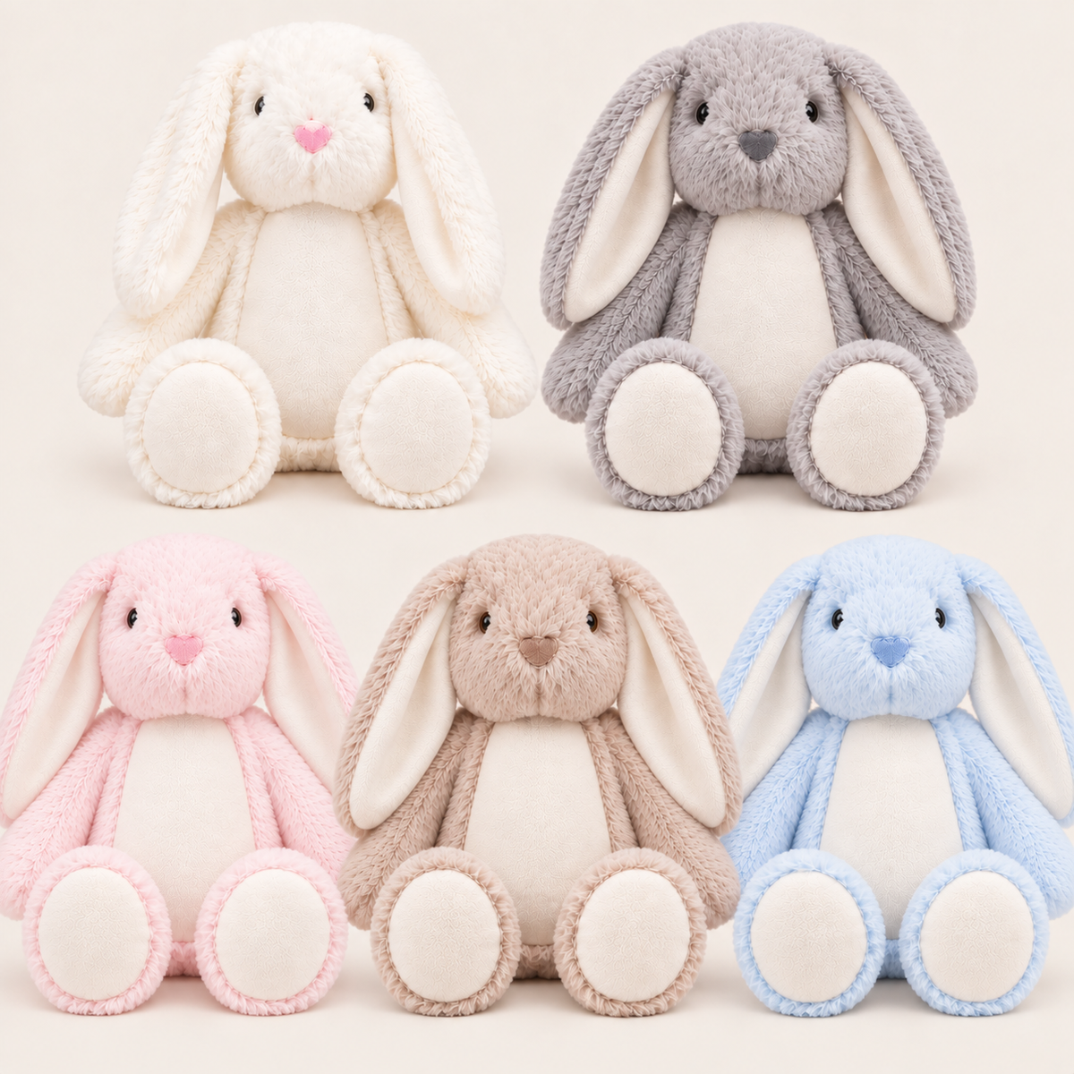 Personalised mini bunny teddy colour options in white, grey, pink, light brown and blue, Grace & Grayson