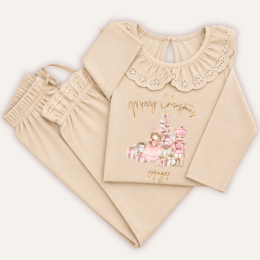 Personalised natural Christmas frill pyjamas featuring Nutcracker and Fairy design by Grace & Grayson