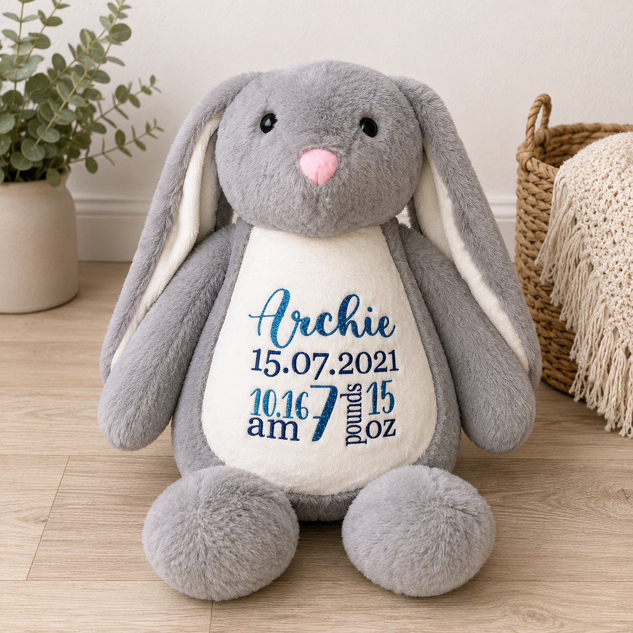 Personalised newborn teddy bear with birth details keepsake – Grace & Grayson