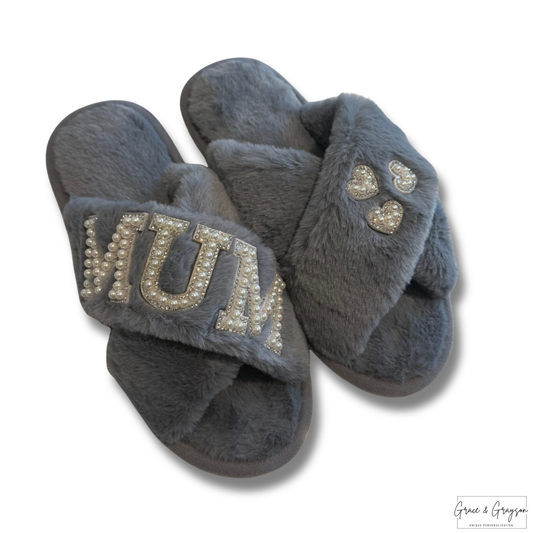 "Personalised pearl Mum faux fur slippers in pink with crossover design"